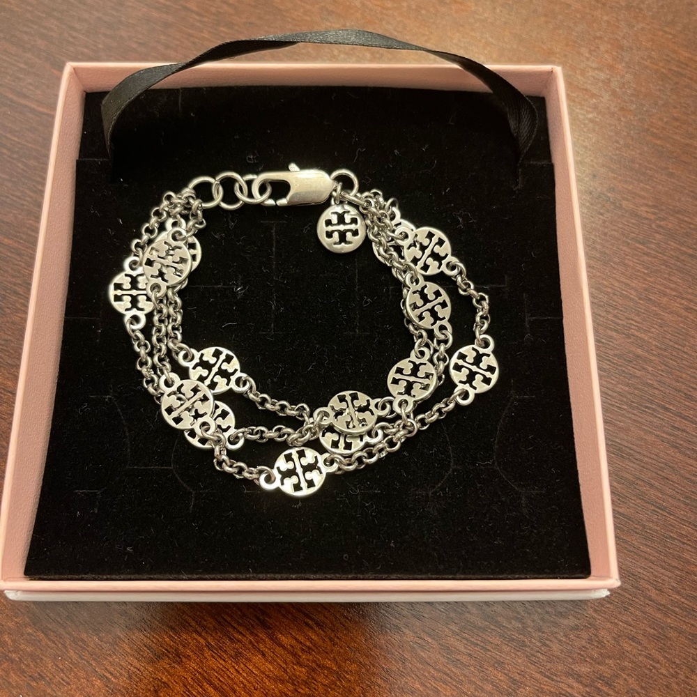Tory Burch logo round silver triple chain bracelet